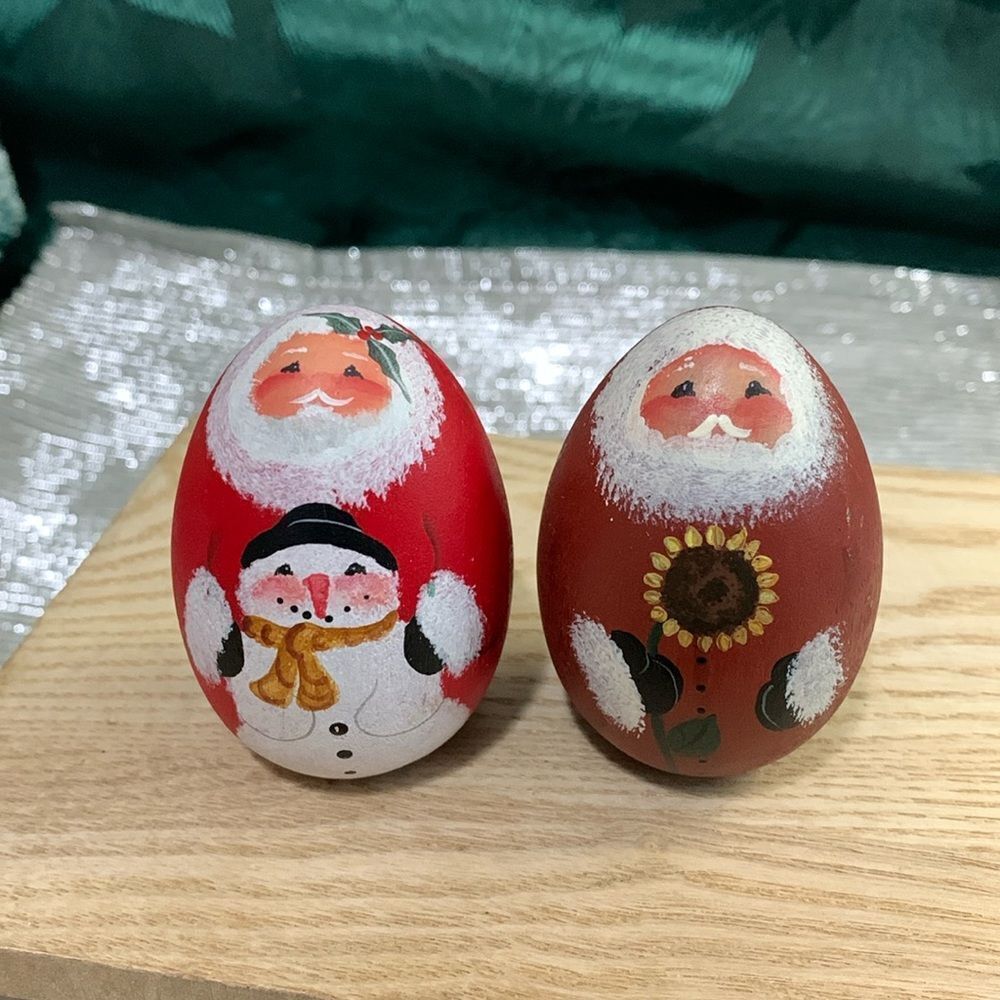 Hand Painted Artist Signed Small Wooden Eggs Santa Folk Art Figurine Bundle Of 2